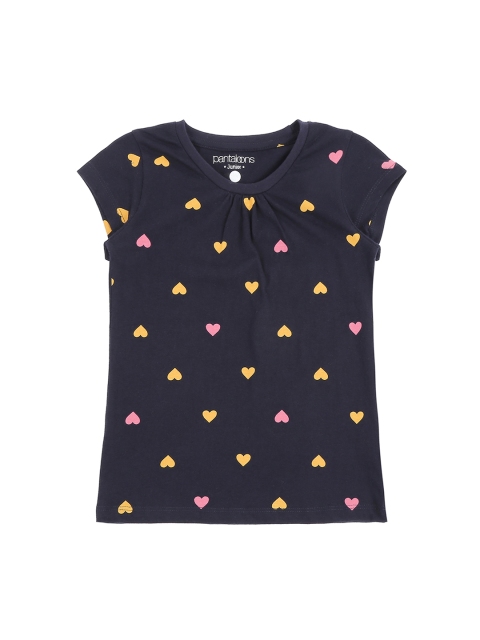 Pantaloons Junior Girls Navy Blue Printed Round Neck Pure Cotton T-shirt