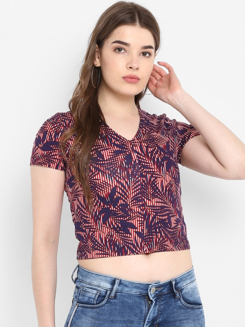 FOSH Women Blue Tropical Print Crop Wrap Top
