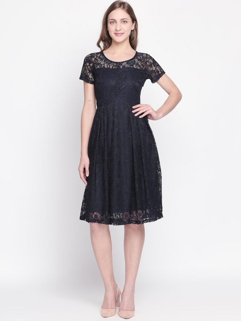 Honey by Pantaloons Women Navy Blue Self Design Fit and Flare Dress