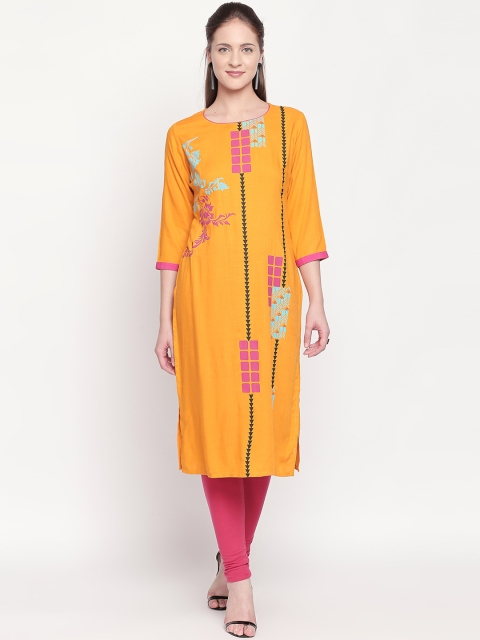 ZRI Women Yellow & Pink Printed Straight Kurta