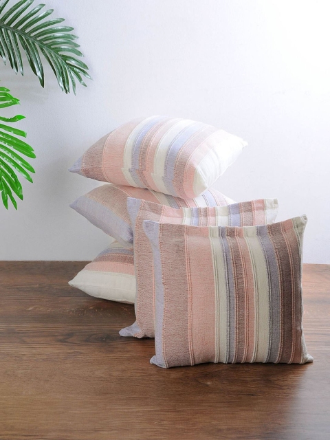 NEUDIS Pink & Grey Set of 5 Striped Square Cushion Covers