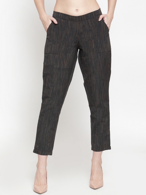 Ayaany Women Black Straight Fit Self Design Peg Trousers