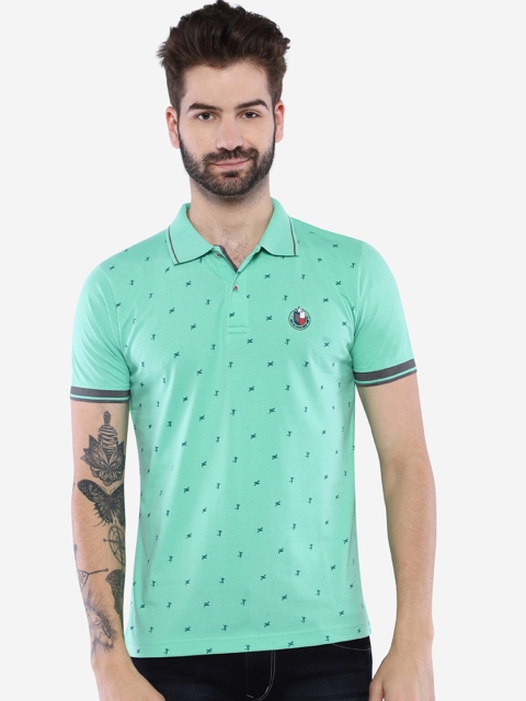 Duke Men Sea Green Printed Polo Collar T-shirt