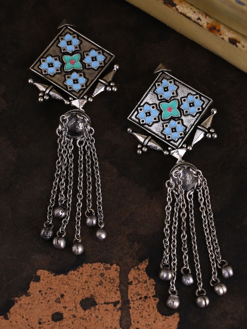 Studio Voylla Silver-Plated & Turquoise Blue Geometric Drop Earrings