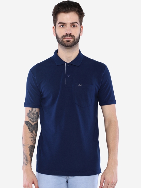 Duke Men Navy Blue Solid Polo Collar T-shirt