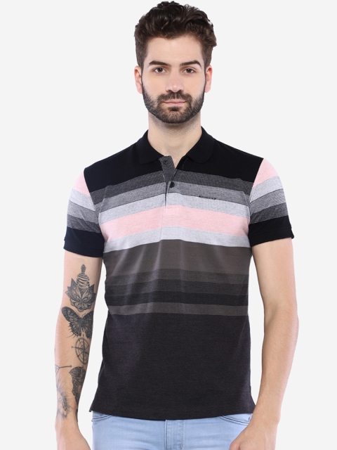 Duke Men Black & Pink Striped Polo Collar T-shirt