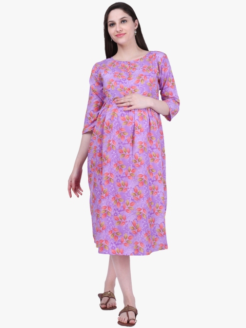 MomToBe Women Purple Floral Printed Fit and Flare Feeding Maternity Dress