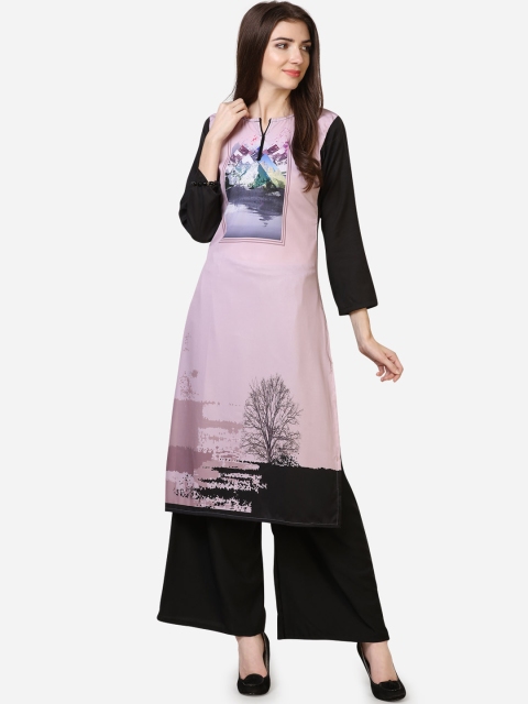 Florence Women Pink & Black Printed Kurti with Palazzos
