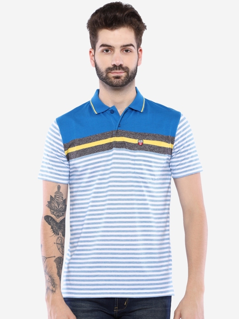 Duke Men Blue & White Striped Polo Collar T-shirt