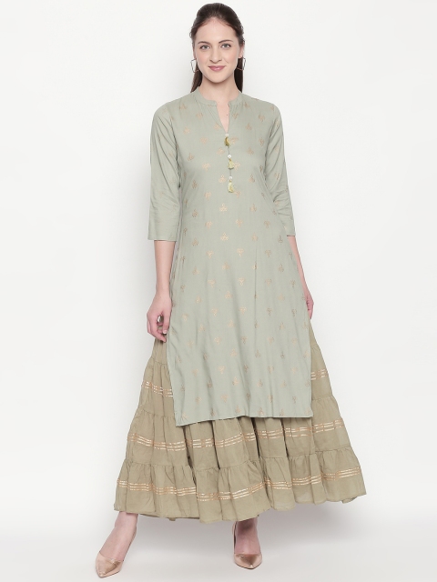ZRI Women Grey & Olive Green Printed Layered A-Line Kurta
