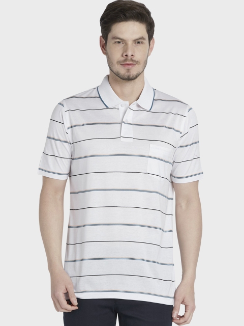 ColorPlus Men White Striped Polo Collar T-shirt