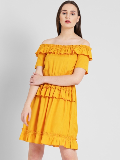 DODO & MOA Women Mustard Yellow Solid Fit and Flare Dress
