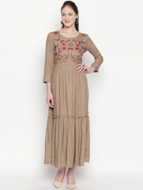 ZRI Women Beige & Pink Embroidered Maxi Dress
