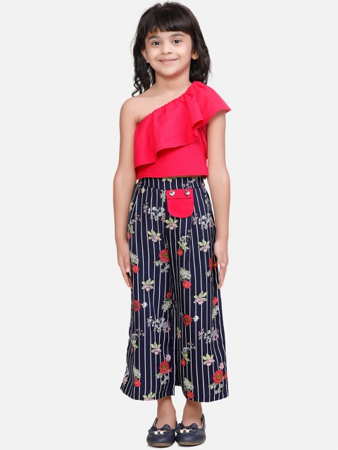LilPicks Girls Pink & Navy Blue Solid One Shoulder Top with Palazzos