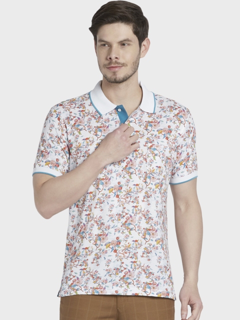 ColorPlus Men White Printed Polo Collar T-shirt