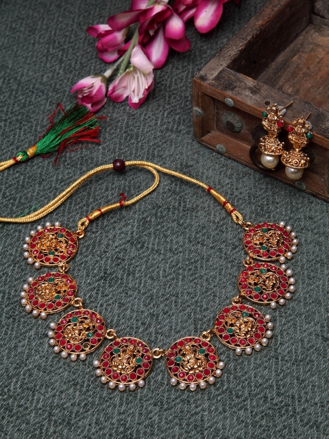 Shining Diva Gold-Plated & Maroon Stone Studded Pearl Embellished Temple Jewellery Set
Shining Diva Gold-Plated & Maroon Stone Studded Pearl Embellished Temple Jewellery Set