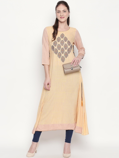 ZRI Women Yellow & Peach- Coloured Printed A-Line Kurta