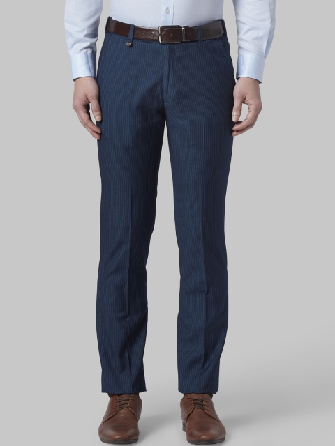 Park Avenue Men Navy Blue Slim Fit Striped Regular Trousers