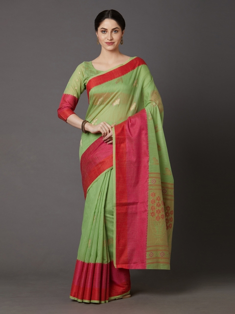Mitera Green & Golden Silk Blend Woven Design Banarasi Saree