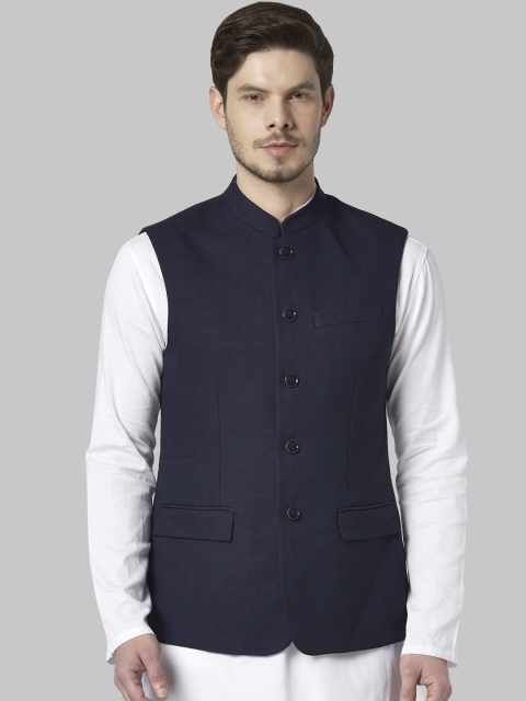 Park Avenue Men Navy Blue Woven Design Nehru Jacket