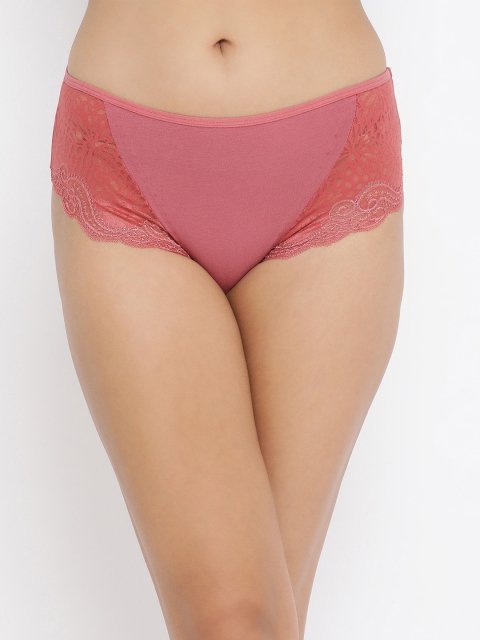 Clovia Women Pink Solid Mid-Rise Hipster Briefs With Lace Wings PN3369T22