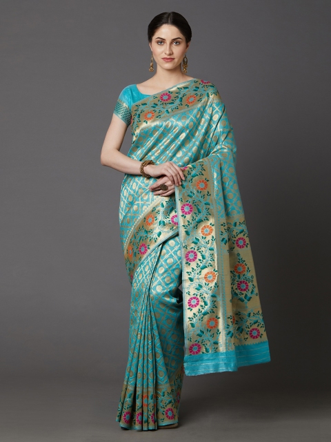 Mitera Blue & Gold-Toned Silk Blend Woven Design Banarasi Saree