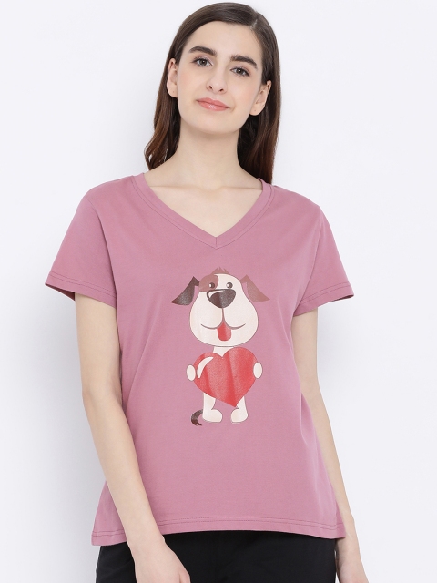 Clovia Women Purple Printed Lounge T-Shirt
