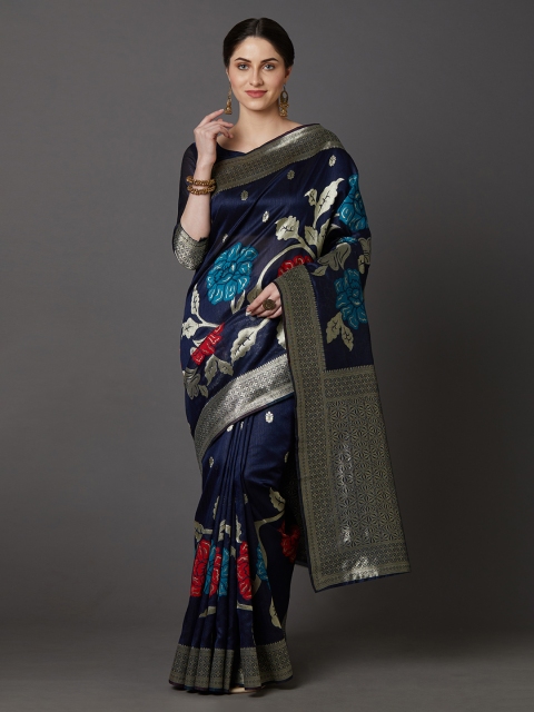 Mitera Navy Blue Silk Blend Woven Design Banarasi Saree