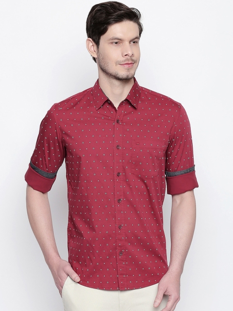 Basics Men Maroon & Grey Slim Fit Printed Casual Shirt