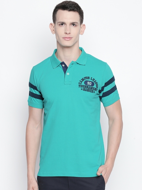 Basics Men Sea Green Printed Slim Fit Polo Collar T-shirt