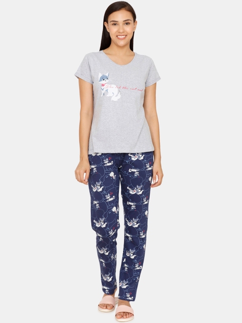 Zivame Women Grey & Blue Printed Night suit