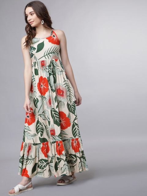 Tokyo Talkies Women Off-White & Orange Printed Maxi Dress