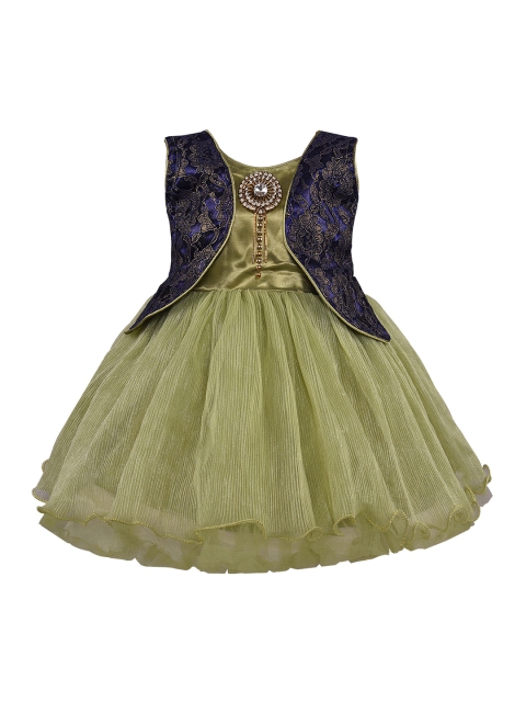 Wish Karo Girls Green & Navy Blue Solid Layered Fit and Flare Dress