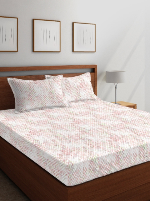 Boutique Living India Pink & Off-White Abstract 144 TC Cotton 1 Queen Bedsheet with 2 Pillow Covers