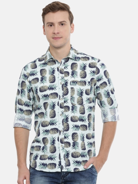 IMYOUNG Men White & Blue Slim Fit Printed Casual Shirt