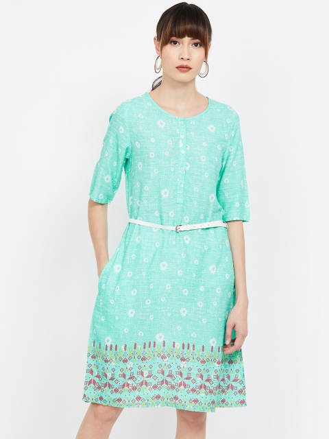 Colour Me by Melange Women Turquoise Blue & White Floral Print A-Line Dress