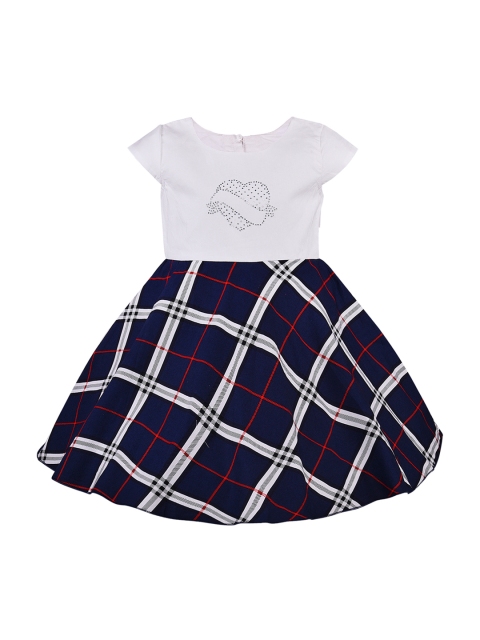 Wish Karo Girls Navy Blue & White Checked Fit and Flare Dress