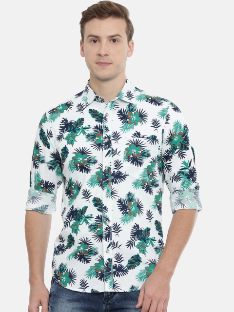 IMYOUNG Men White & Green Slim Fit Printed Casual Shirt
