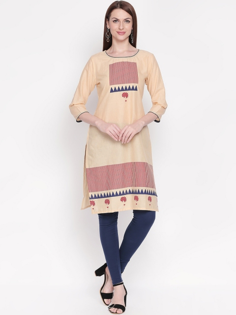 ZRI Women Beige & Maroon Printed Pure Cotton Straight Kurta