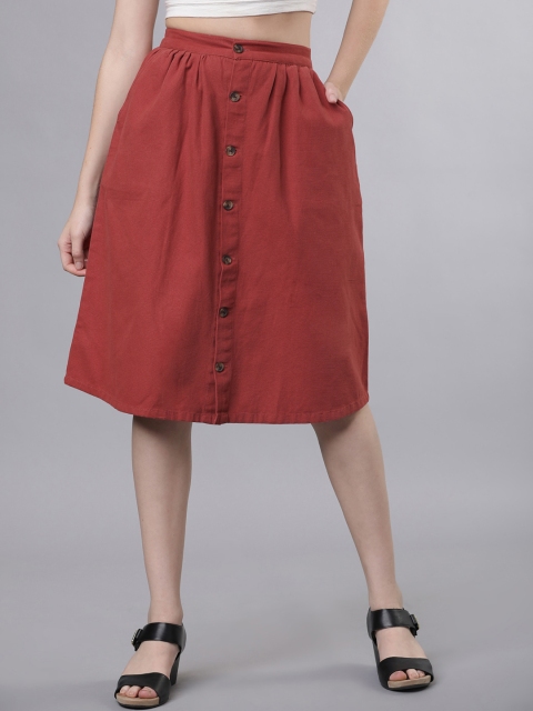Tokyo Talkies Women Rust Brown Solid A-Line Knee-Length Skirt