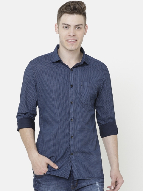 AweTRend Men Navy Blue Slim Fit Checked Casual Shirt