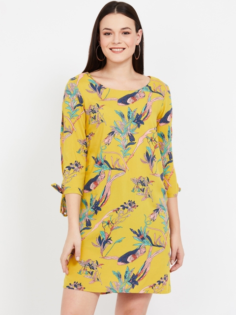 Bossini Women Yellow & Navy Blue Floral Print A-Line Dress