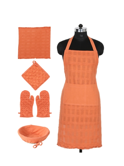 House This Set of 6 Rust Orange Checked Cotton Kitchen Linen Set