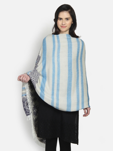 Anekaant Women White & Blue Woven Design Shawl