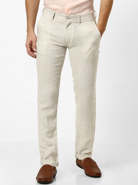 Celio Men Beige Slim Fit Solid Regular Pure Linen Sustainable Trousers