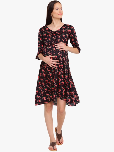 Mine4Nine Women Maternity Black Printed Fit and Flare Dress