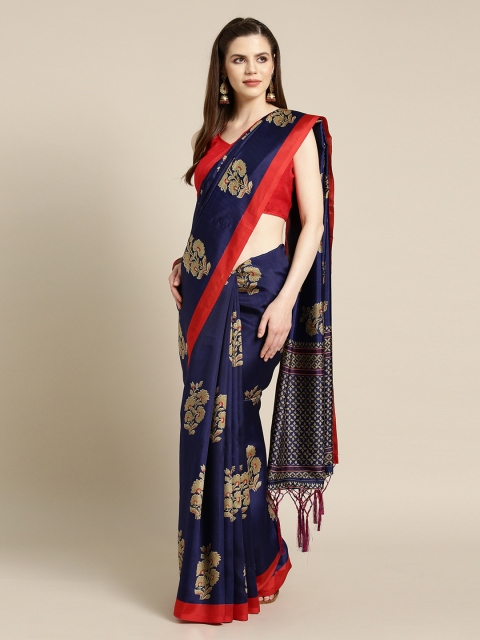 Ishin Navy Blue Printed Art Silk Saree
