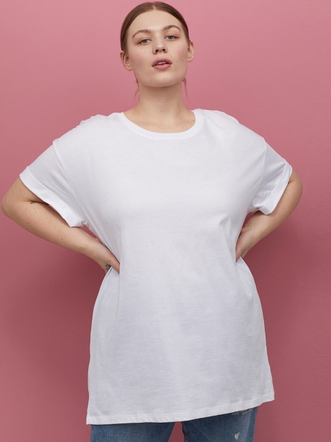 HM+ Women White Solid Cotton Jersey Pure Cotton T-shirt