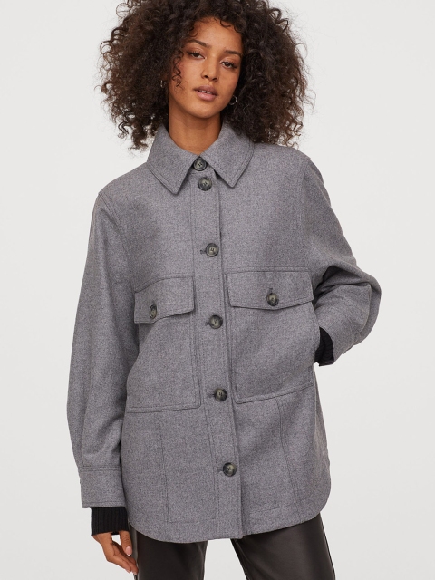 H&M Women Grey Wool-Blend Shirt Sustainable Jacket