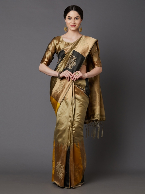 Mitera Beige & Gold-Toned Silk Blend Woven Design Banarasi Saree